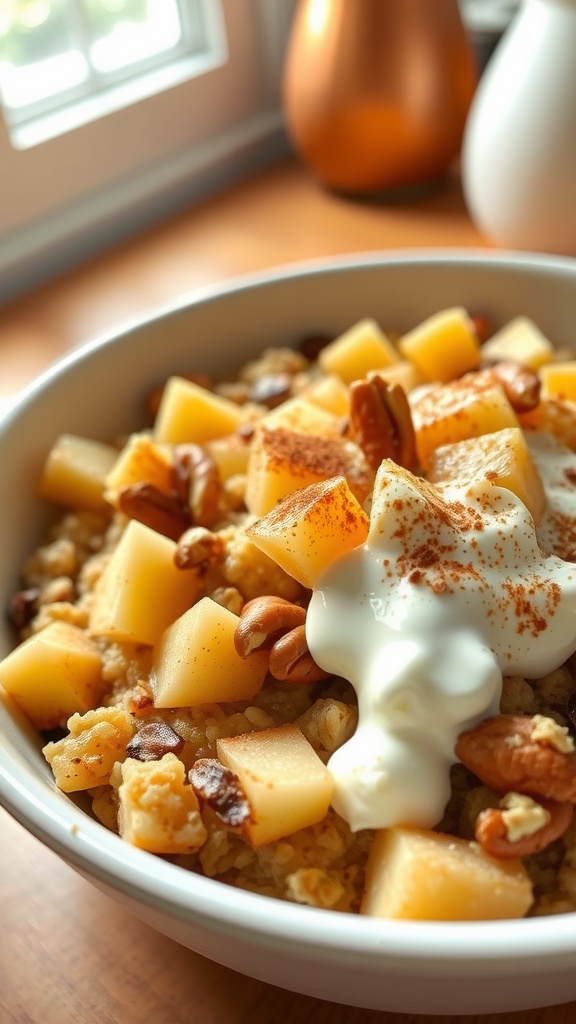 Baked oatmeal with apples and nuts, garnished with yogurt, in a cozy kitchen setting.